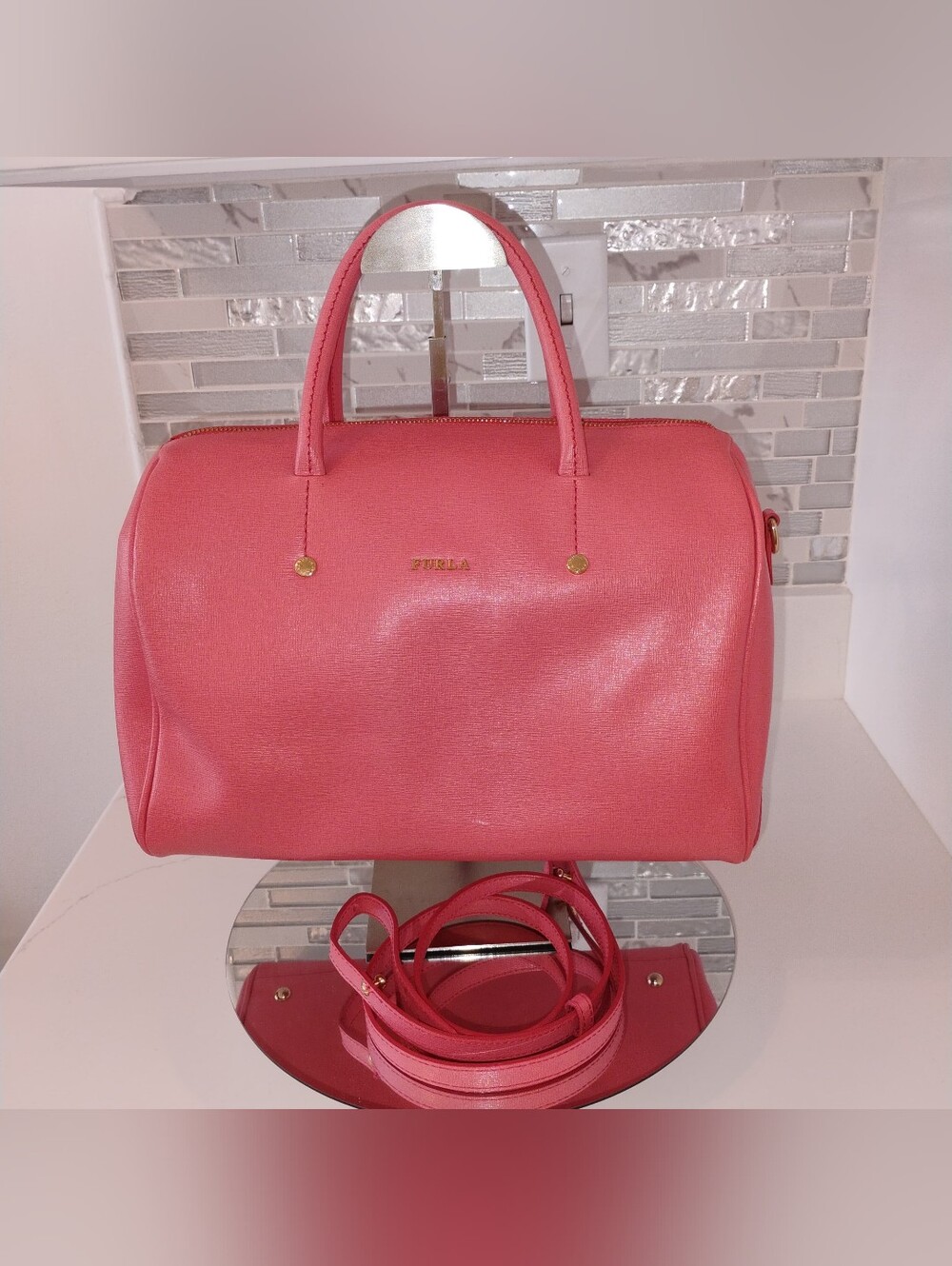 EUC Furla Boston Satchel Bag - Coral Pink GHW
